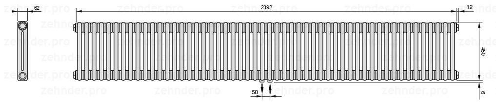 Схема (чертеж) Радиатор Zehnder Charleston 2045/52 №5410 Белый глянцевый RAL 9016